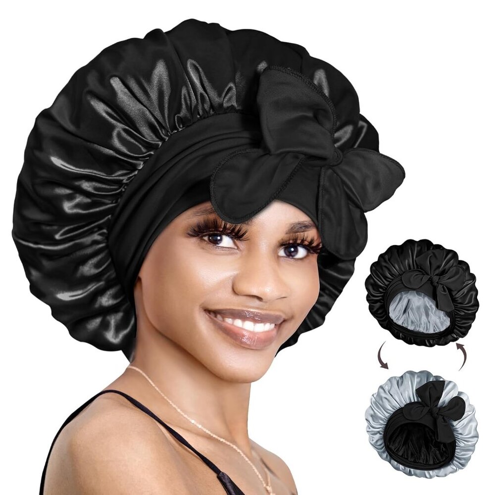 Silk Bonnet for Sleeping Double Layer Satin Bonnet Reversible Bonnet with Tie Ba